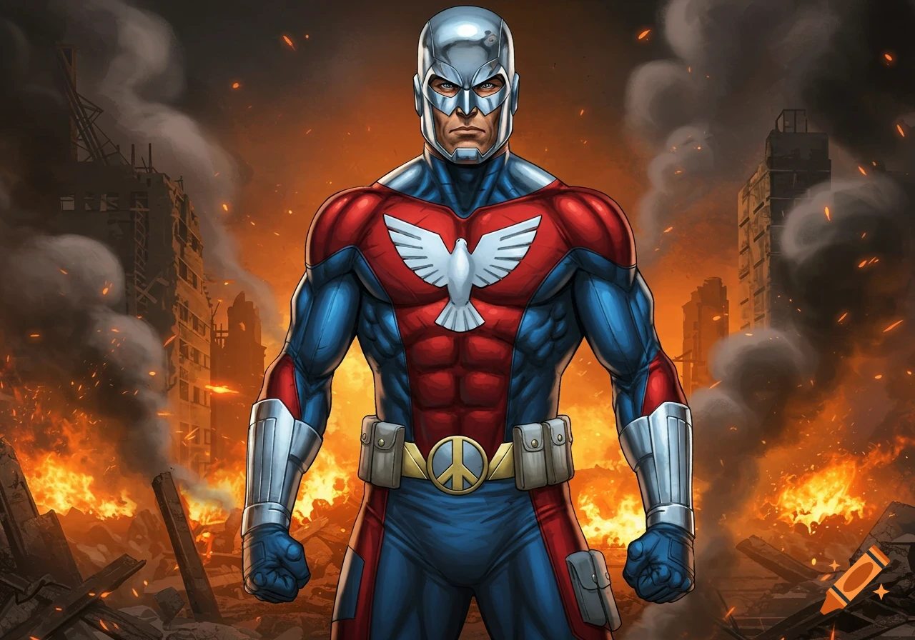 Muscular superhero in a red, white, and blue suit, dove chest symbol, peace sign buckle, stands in a burning, destroyed city, comic art.