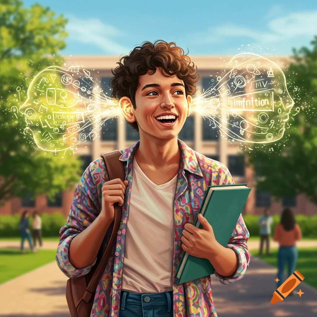 A happy student with curly hair, backpack, and book stands on a campus, conceptual information glowing from their ears. Illustration.