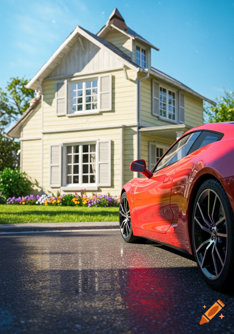 A vibrant red sports car parked on an asphalt road in front of a light yellow house with white trim, under a clear blue sky.