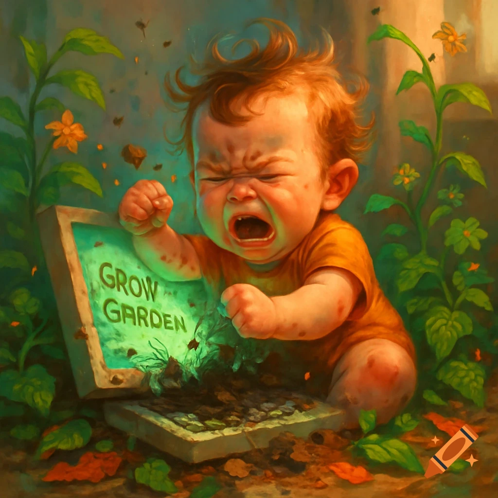 A crying baby smashes a laptop, from which plants and soil emerge, with 'GROW GARDEN' on the glowing screen. Digital art.