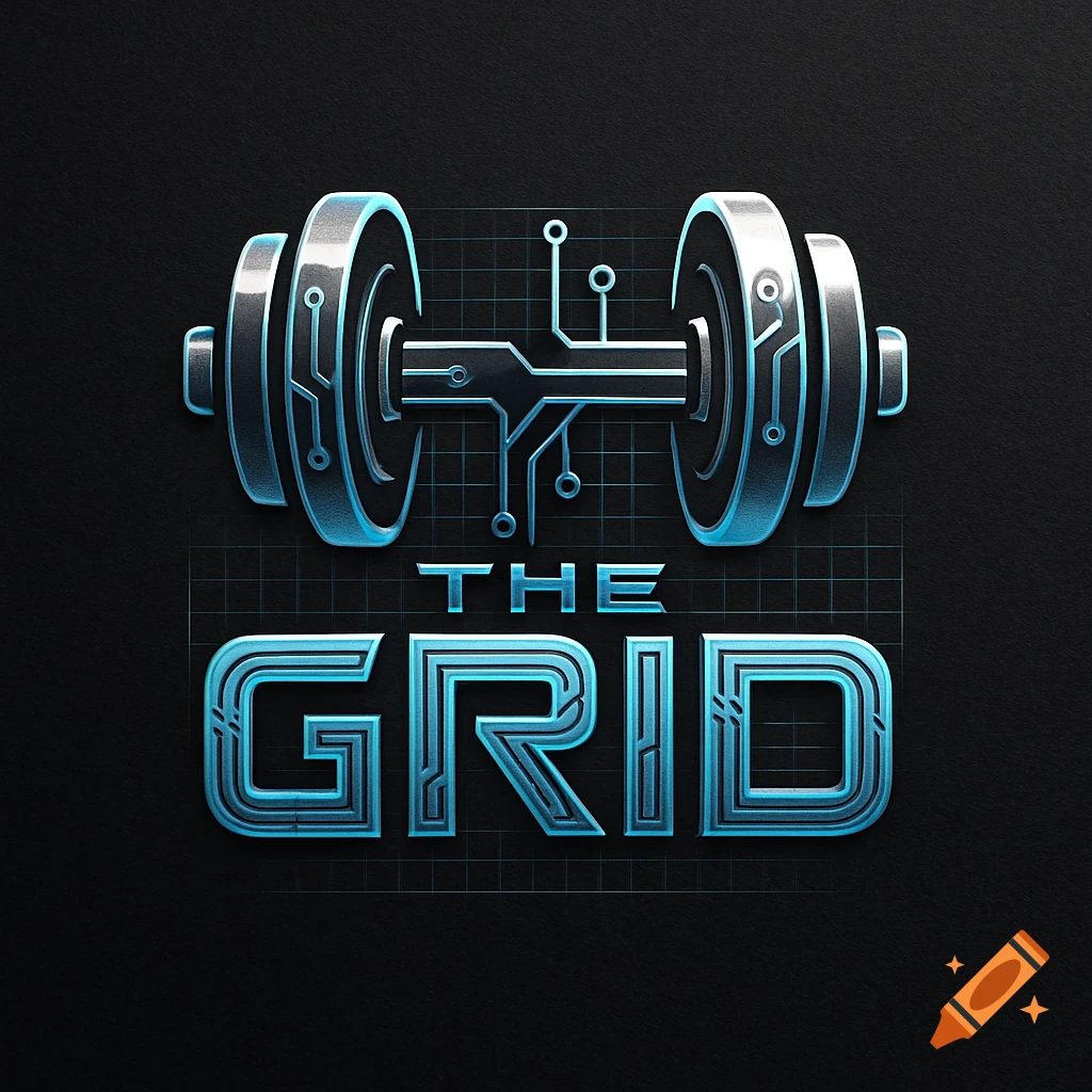 Metallic blue and silver logo featuring a dumbbell made of circuit board elements with the text 'THE GRID' below, on a dark grid background.
