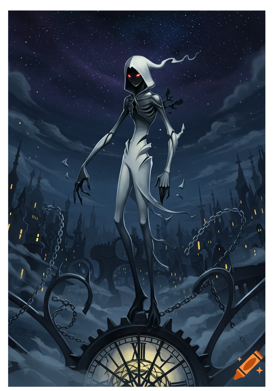 A tall, slender, hooded figure with red eyes and exposed ribs stands on a clock gear overlooking a dark, gothic city under a starry night.
