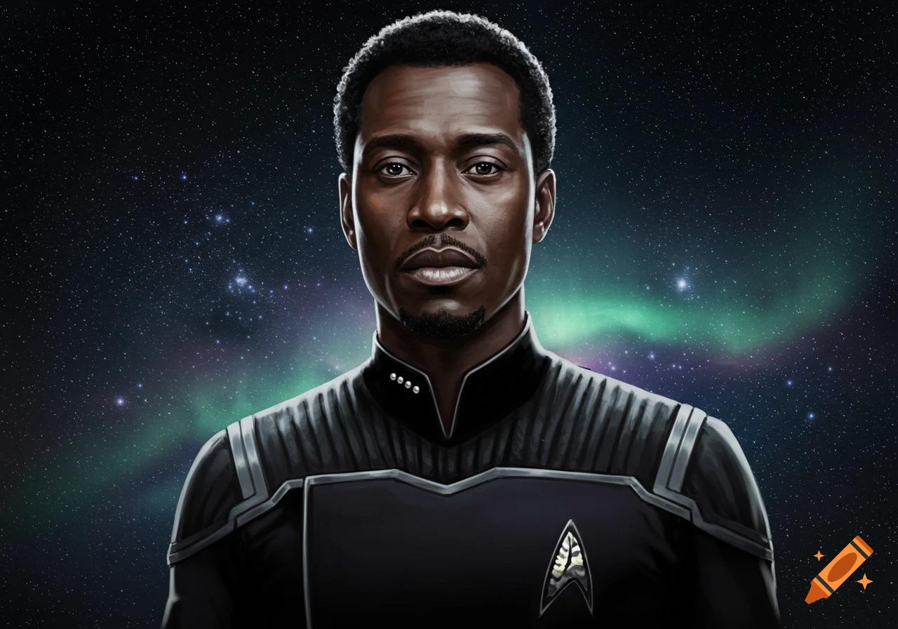 A man with a mustache and beard, wearing a dark futuristic uniform with a badge, stands against a starry sky with a green and purple nebula.