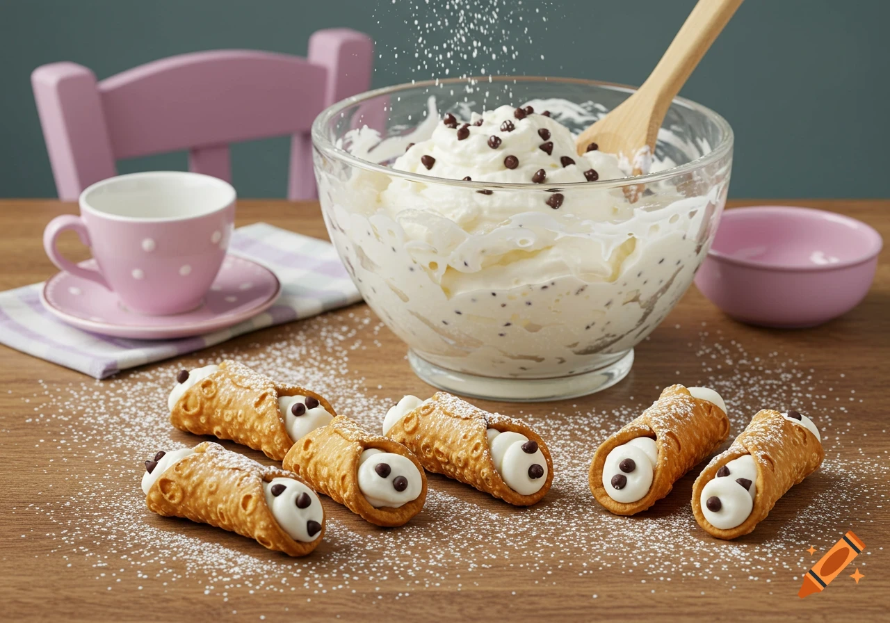 Photorealistic image of cannolis with powdered sugar, a bowl of whipped cream, and a pink teacup on a wooden table.