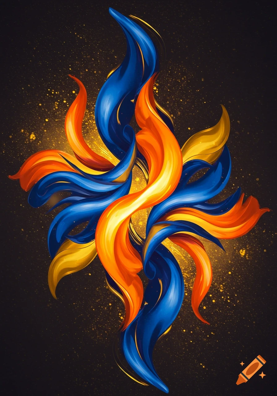 Abstract intertwining fluid shapes in blue, orange, and yellow on a dark speckled background.