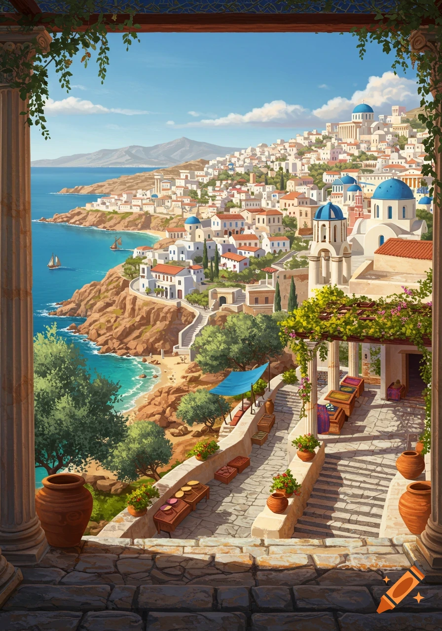 Illustrated Greek coastal city: white buildings, blue domes, hillside, turquoise waters, sandy beaches, boats, framed by pillars.
