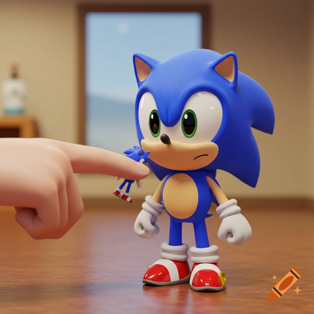 A large 3D rendered Sonic the Hedgehog looks at a tiny Sonic toy held by a human finger on a wooden floor.