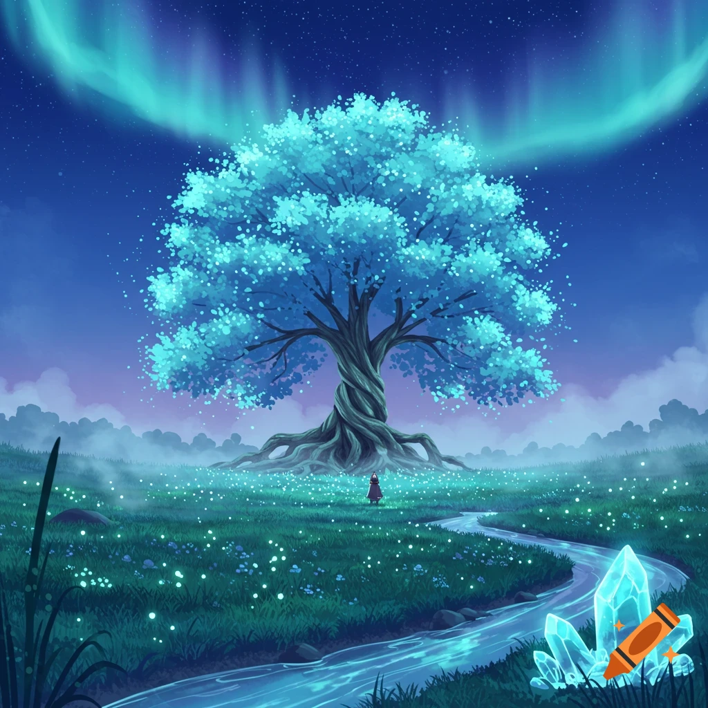 Glowing blue tree in a magical, starry night landscape with a figure, luminous stream, crystals, and aurora. Digital art.