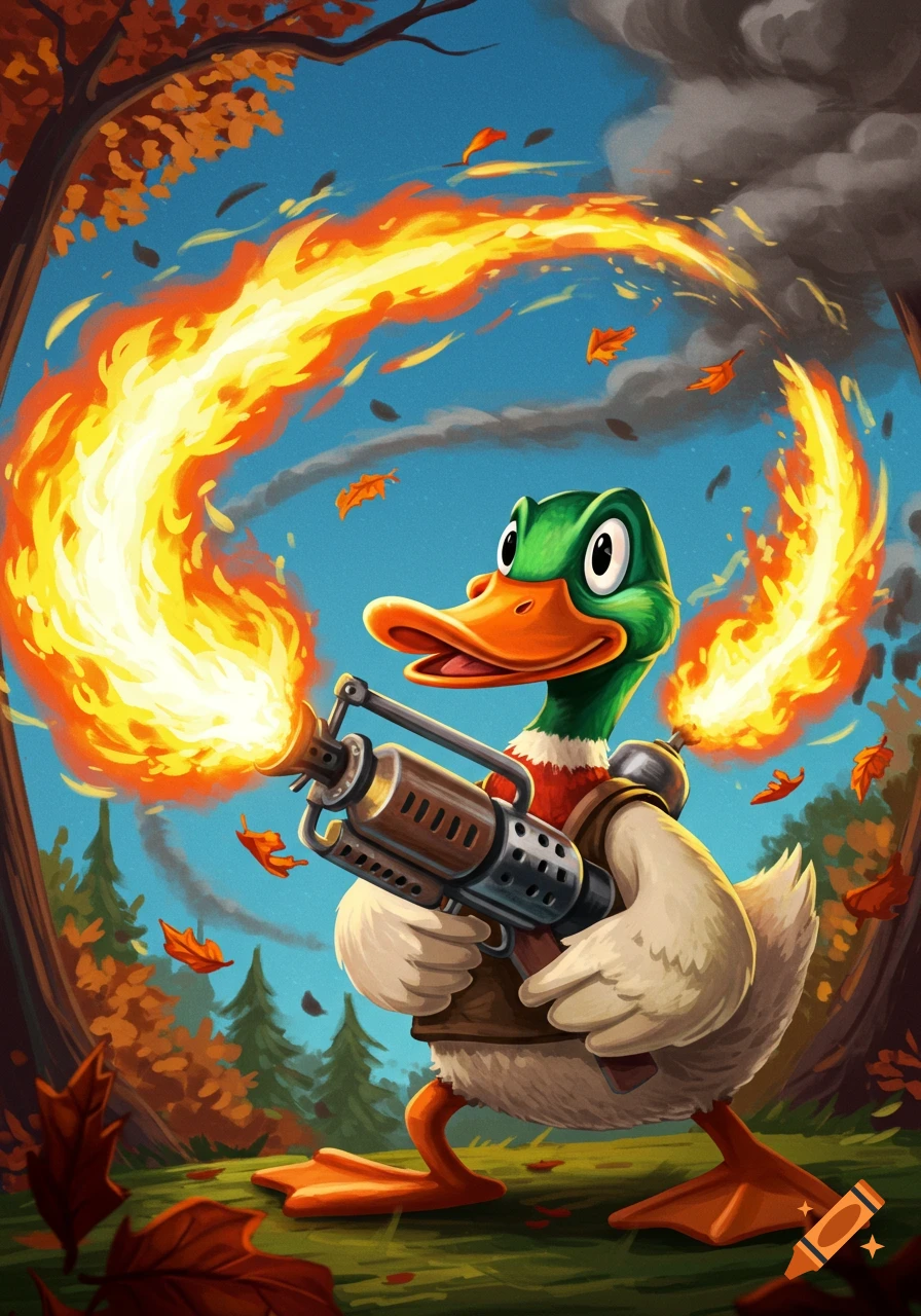 A cartoon duck with a green head and orange beak holds a flamethrower, shooting fire in an autumn forest.
