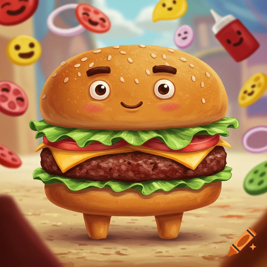 A cute, cartoon anthropomorphic burger with a monobrow and feet, surrounded by floating smiling food ingredients.