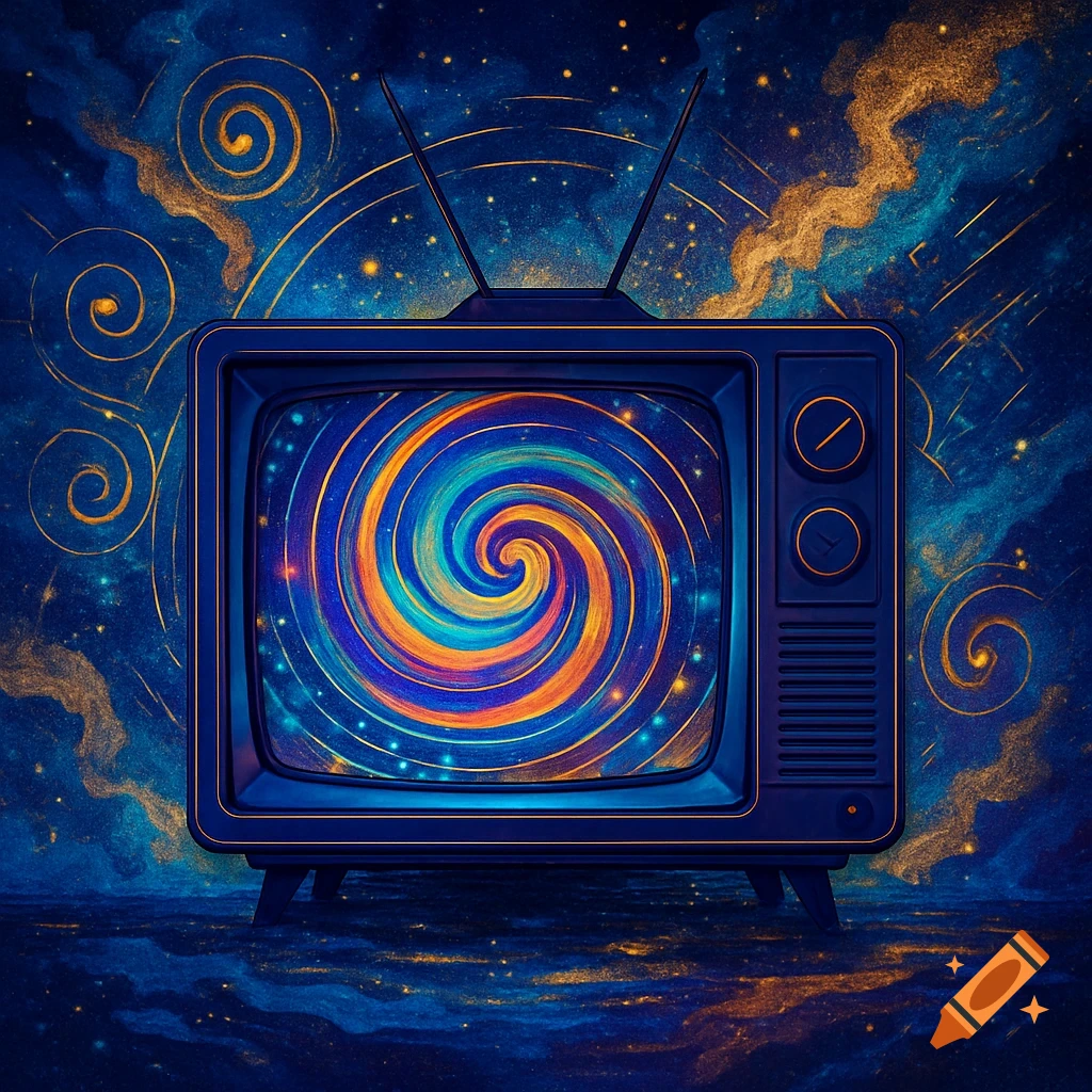 A retro blue television displays a vibrant orange and blue spiral against a dark, starry cosmic background with golden swirls.