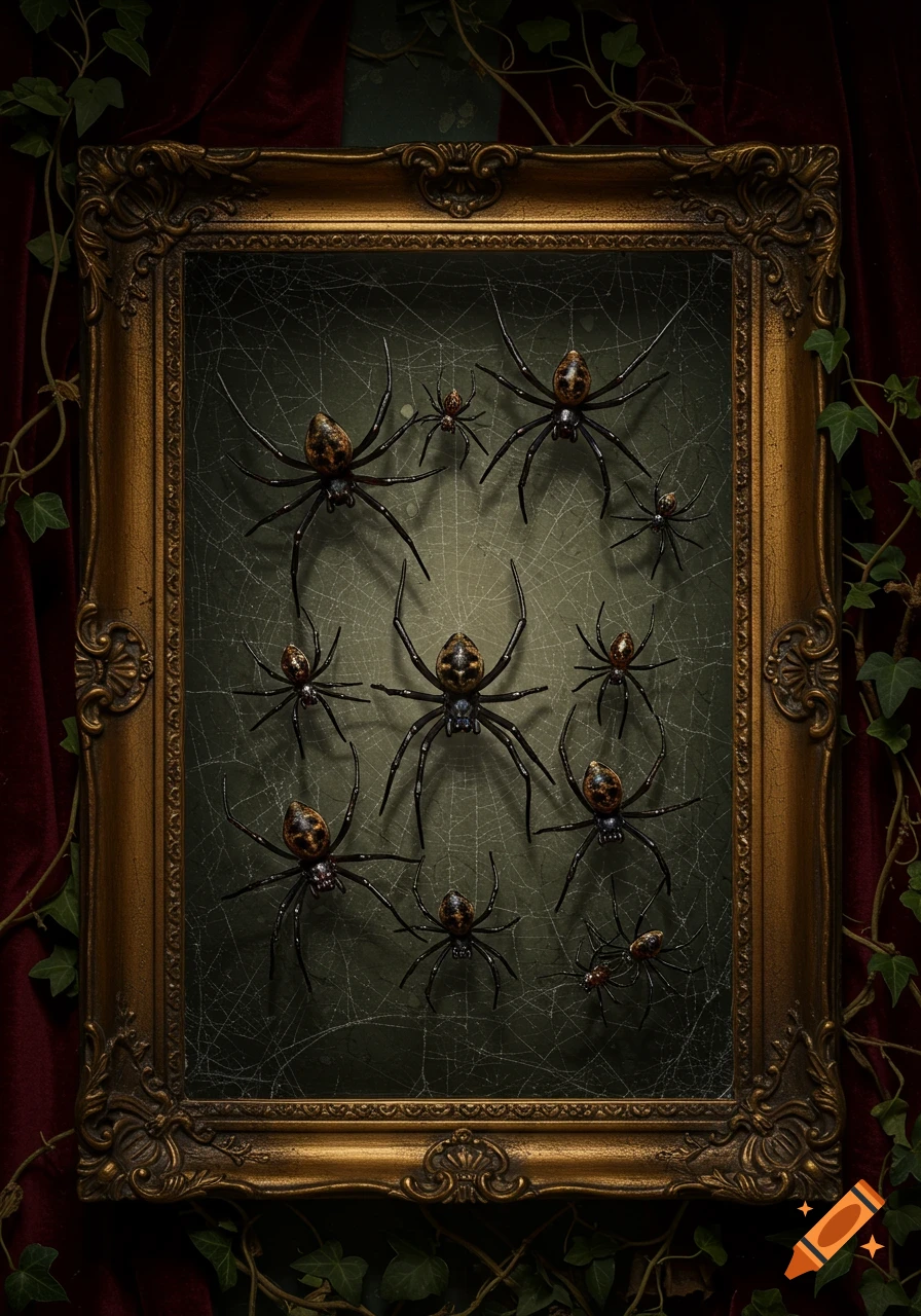 A gothic portrait of several spiders with patterned bodies inside an ornate golden frame, surrounded by dark red drapes and ivy.