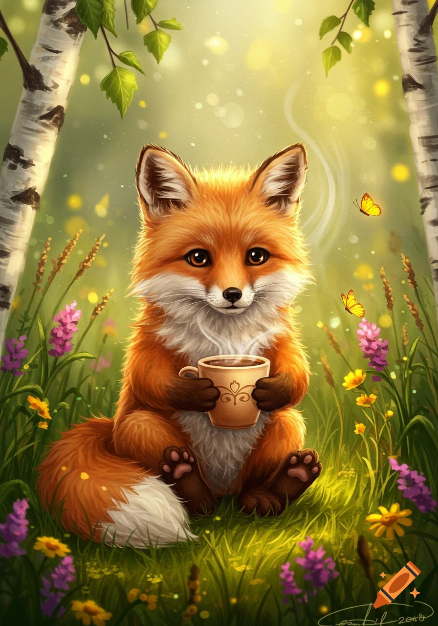 A cute fluffy red fox sits in a whimsical forest among colorful flowers, holding a steaming coffee cup.