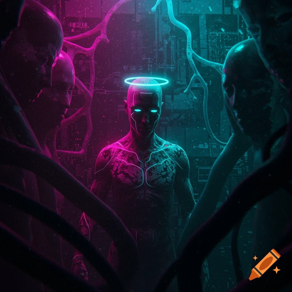 A cyberpunk humanoid with a glowing halo and bright eyes stands amid dark, neon pink and cyan structures and figures.