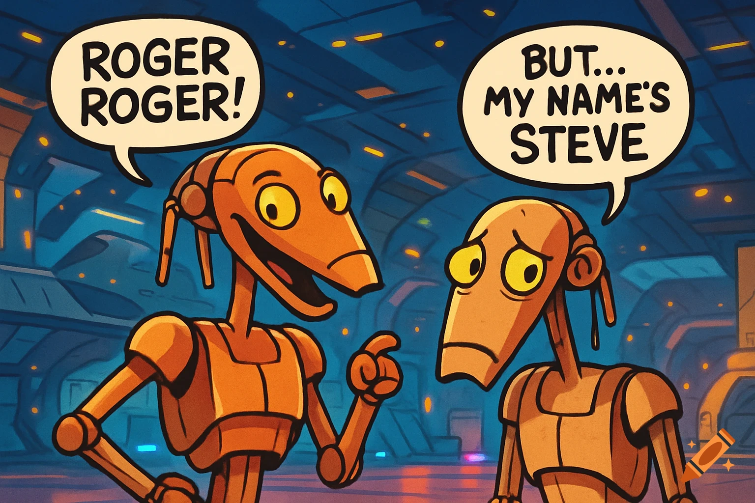 Cartoon of two orange B-1 battle droids. One cheerfully says 'Roger Roger!', while the other sadly responds 'But... My name's Steve'.