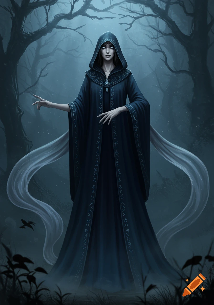 A dark fantasy illustration of a tall, spooky witch in an elegant hooded black robe with rune-like patterns, standing in a misty, dark forest with bare trees. Her eyes glow white, and her limbs are unnaturally long.