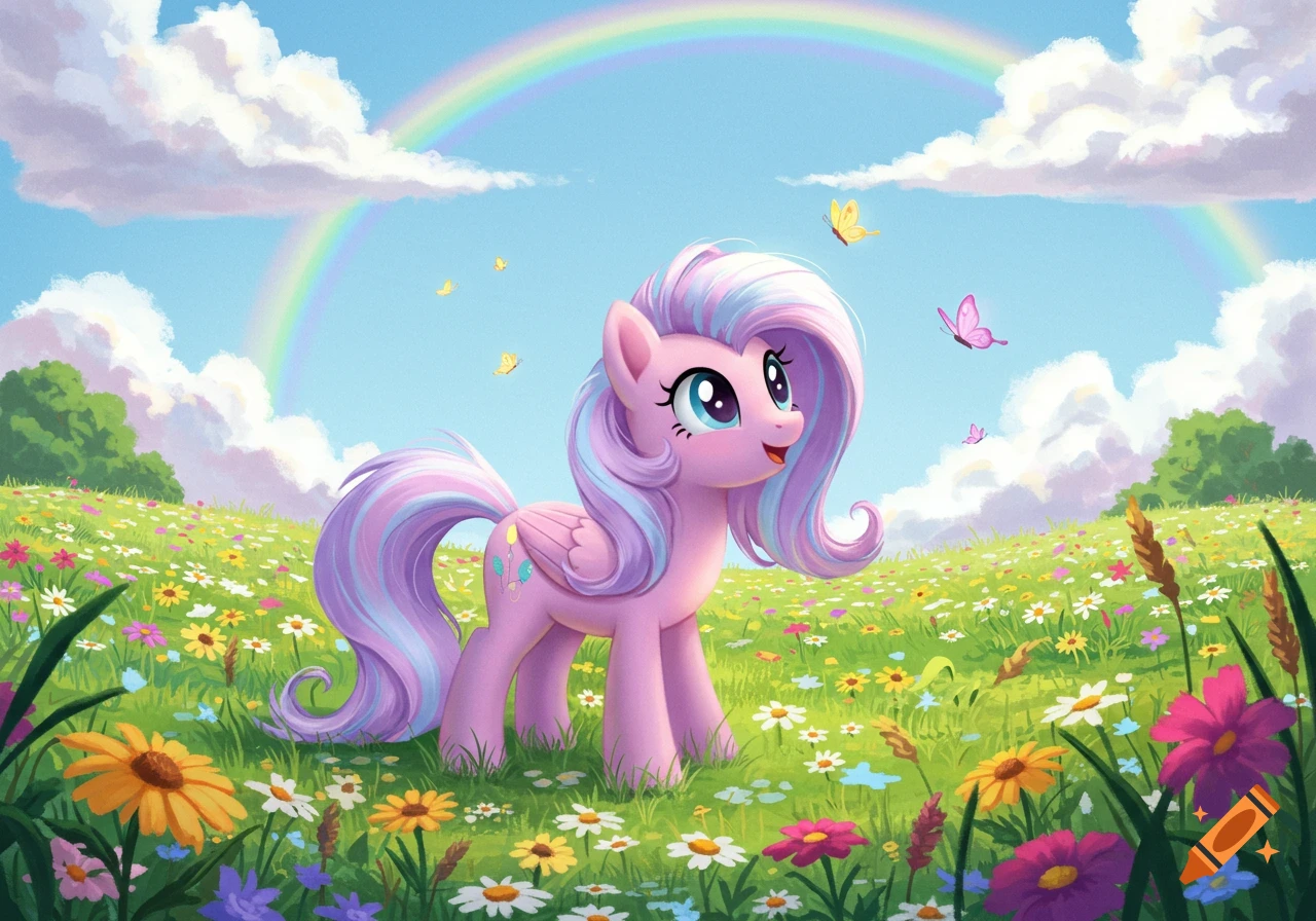 A pink cartoon pony with a pastel mane stands in a vibrant flower meadow under a blue sky with a rainbow and butterflies.