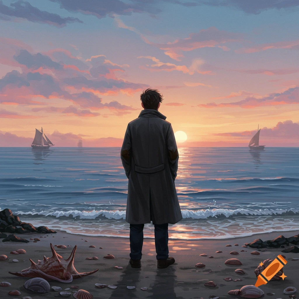 Painterly image of a man in a dark coat standing on a shell-strewn beach, watching a vibrant sunset over the ocean with sailboats.