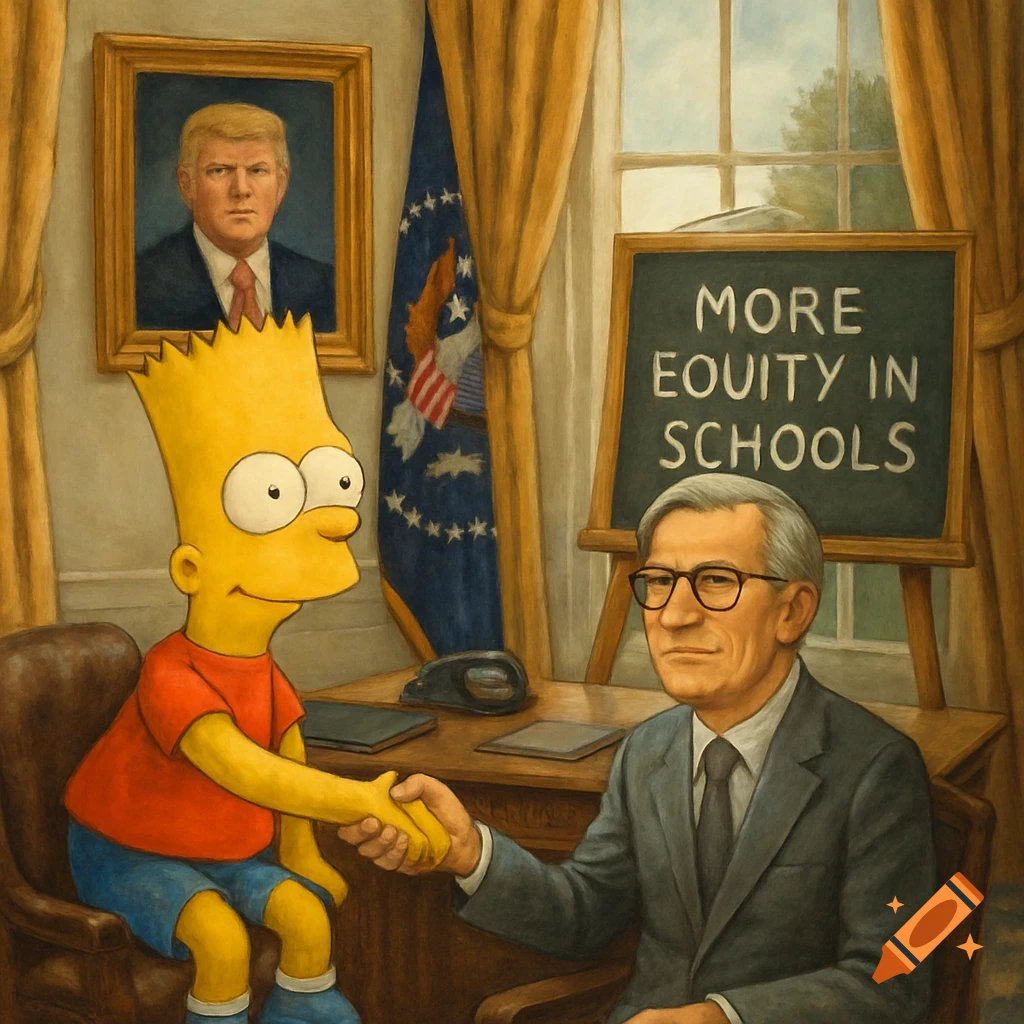 Bart Simpson in a red shirt shakes hands with an older man in an office, with a chalkboard behind them and a Donald Trump portrait on the wall.
