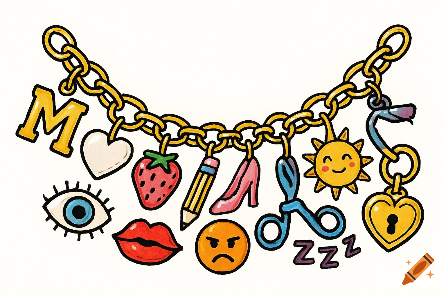 A cartoon charm bracelet with various colorful charms including a golden M, strawberry, pencil, high heel, sun, scissors, angry emoji, and Zzz's.