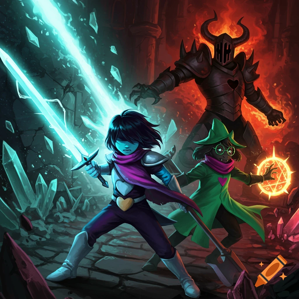 Kris with a glowing blue sword and Ralsei with a magical orb confront the armored Roaring Knight in a dark, fiery fantasy dungeon.