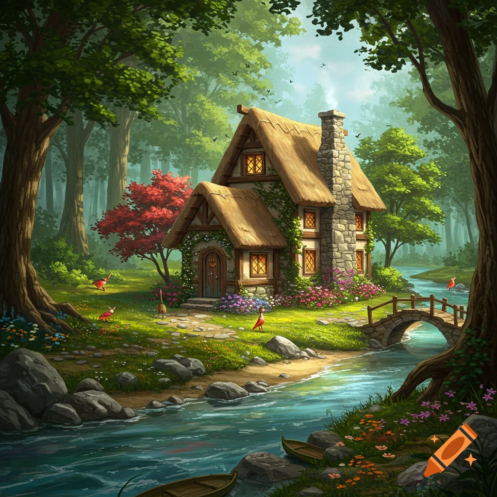 A whimsical fantasy cottage with a thatched roof nestled in a lush green forest by a clear river with a stone bridge and small boats.