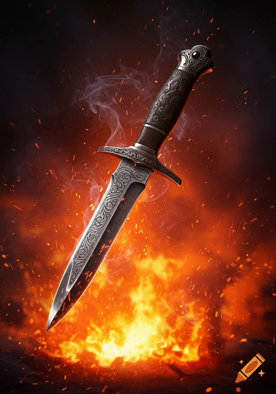 Detailed ornate dagger with intricate patterns on the blade and handle, surrounded by orange flames and flying sparks against a dark background.