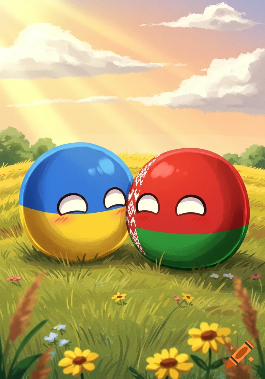 Two blushing countryballs, Ukraine and Belarus, in a grassy field with flowers under a sunny sky, cartoon style.