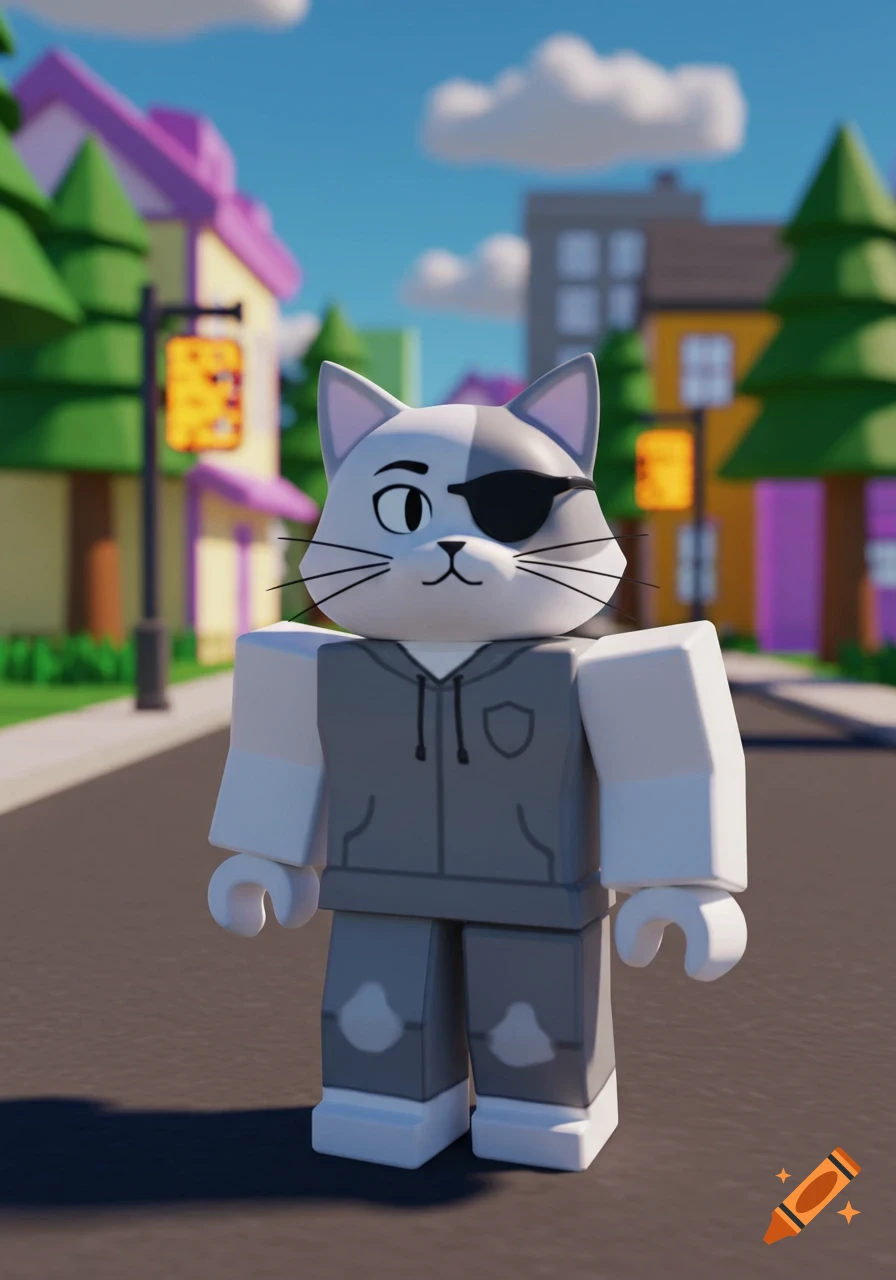 A white and gray Roblox-style cat with an eye patch stands on a city street with cartoon houses under a blue sky.