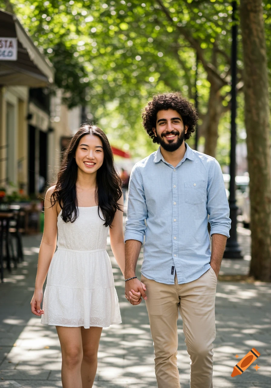 A diverse couple, an Asian woman and a Middle Eastern man, walk hand-in-hand down a sunny, tree-lined street.