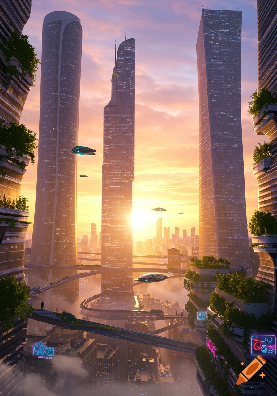 A vibrant futuristic cityscape with tall skyscrapers, flying vehicles, and elevated walkways under a sunrise sky.