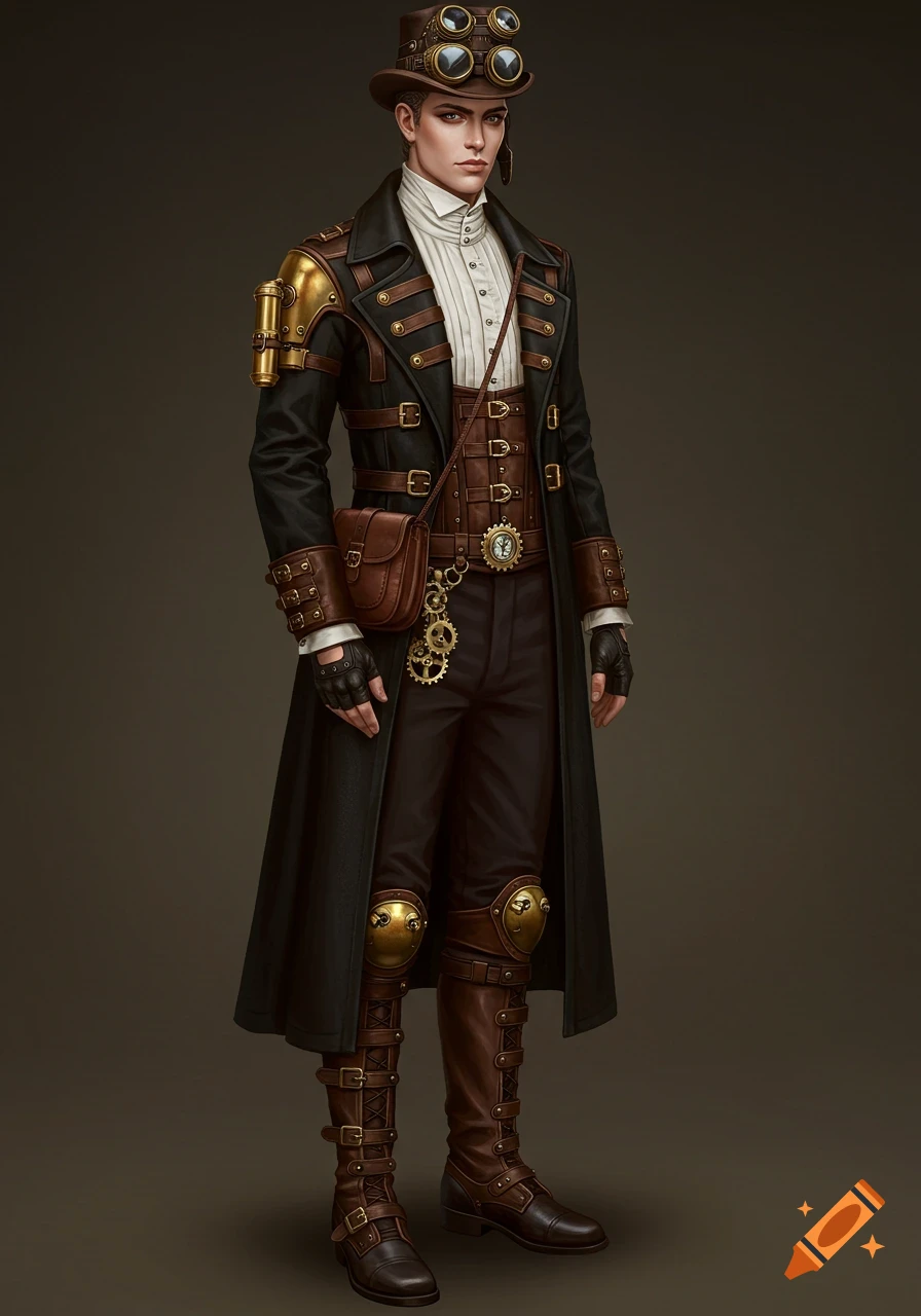 An androgynous figure in a detailed steampunk outfit with a long coat, top hat, goggles, and brass gears, concept art style.