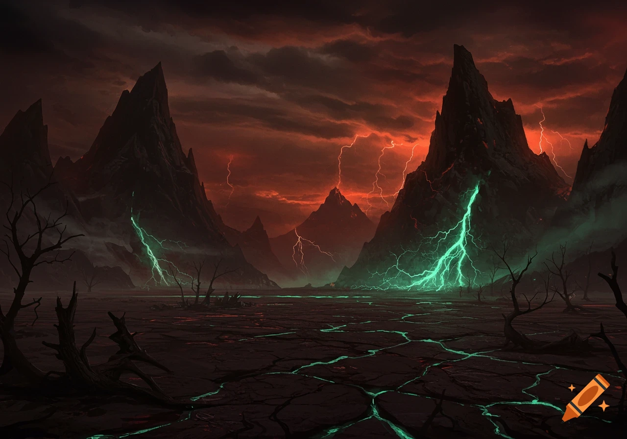 A desolate, dark landscape with jagged mountains under a red, stormy sky, illuminated by green lightning and glowing cracks in the ground.