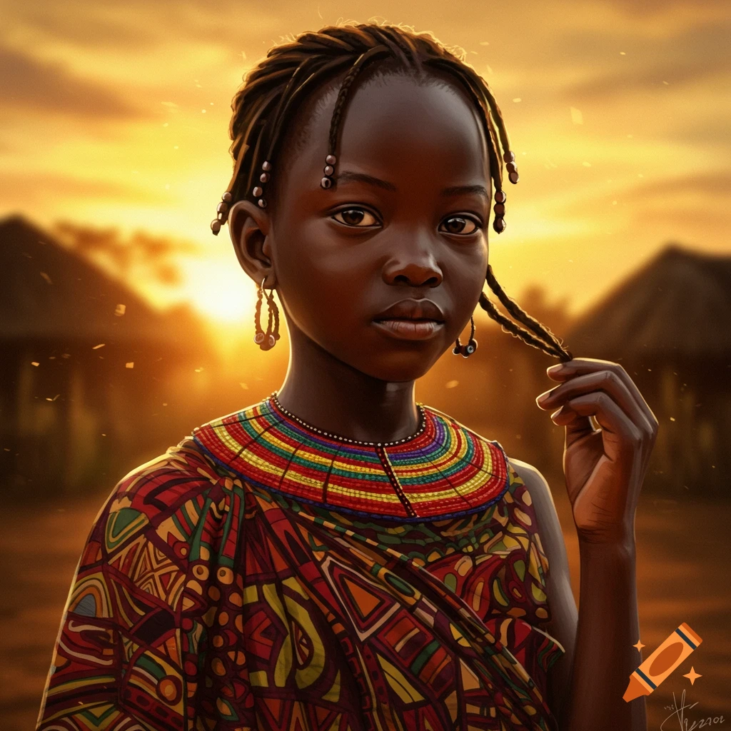Young African girl with braided hair, colorful tribal necklace, and patterned clothing, gazing forward against a warm sunset backdrop.