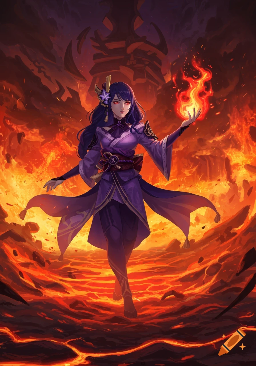 Anime fantasy art of Raiden Shogun standing in a fiery, lava-filled landscape, holding a ball of fire.