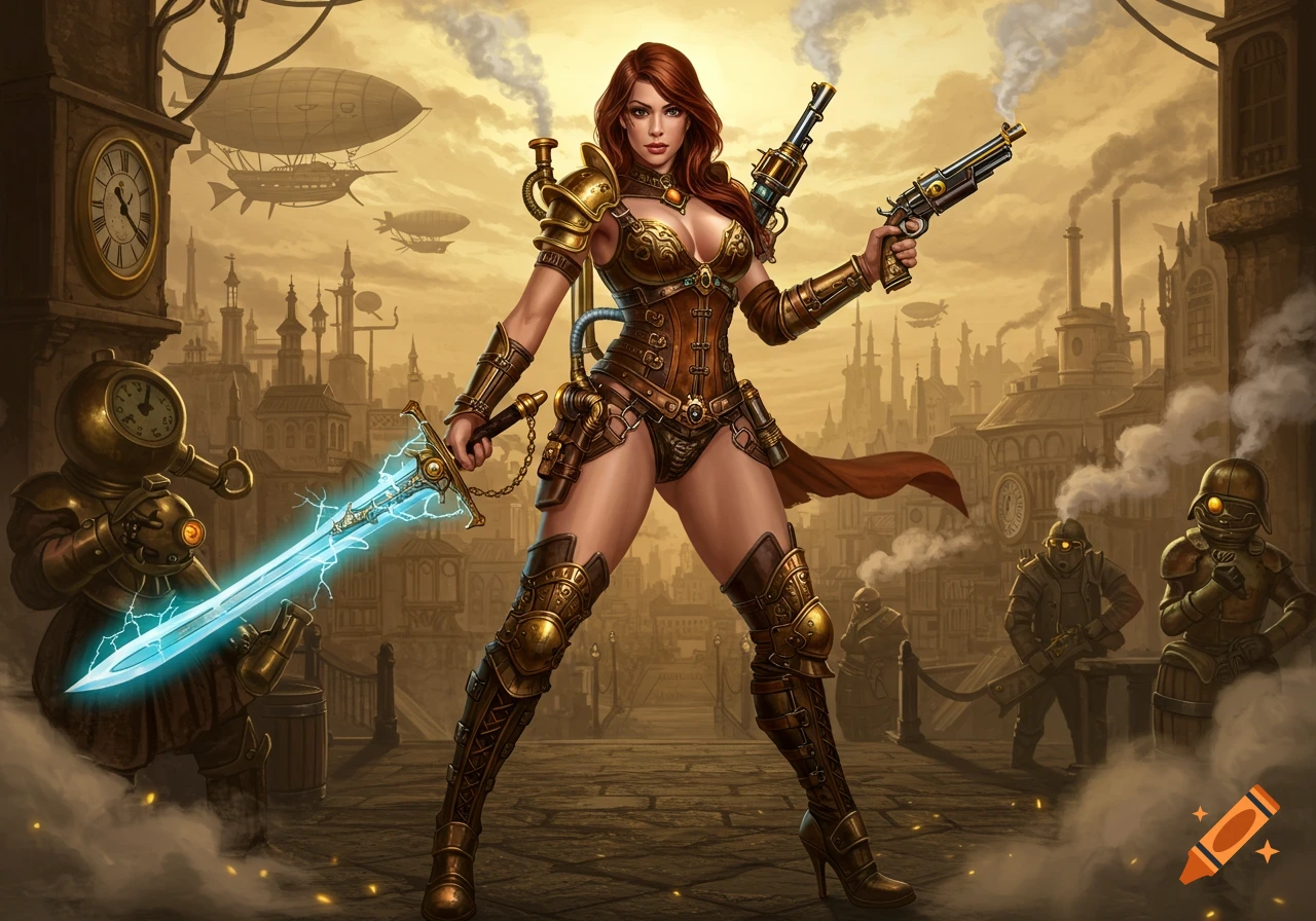 A fierce female steampunk warrior in a metal bikini and boots, wielding a glowing sword and pistol, stands in a detailed steampunk city with airships and robots.