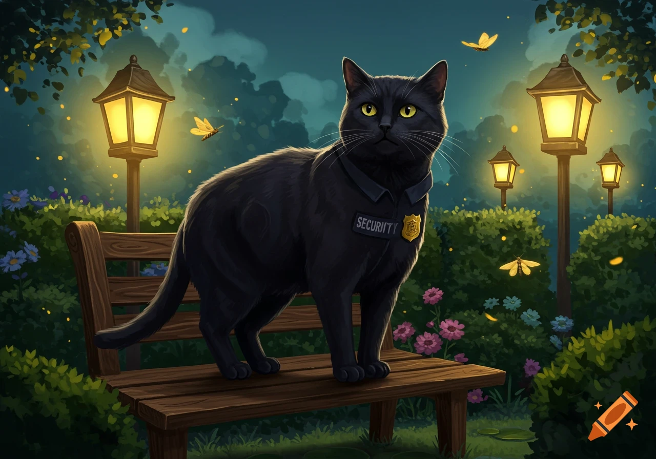 A black cat wearing a 'SECURITY' collar stands on a park bench in a whimsical night garden with glowing lampposts and fireflies, illustrated.