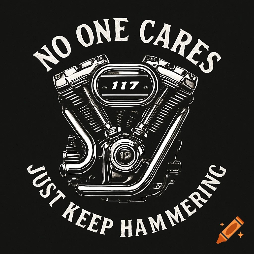 A white illustration of a motorcycle engine on a black background, with the text 'NO ONE CARES' above and 'JUST KEEP HAMMERING' below.