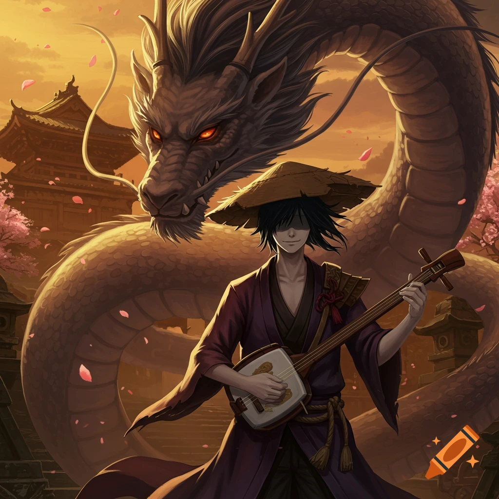 Anime male bard in a straw hat playing a shamisen, with a giant dragon and Japanese architecture at sunset.