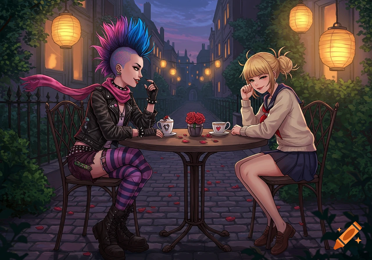Anime-style punk woman with a mohawk and a schoolgirl sitting at an outdoor cafe table at dusk.