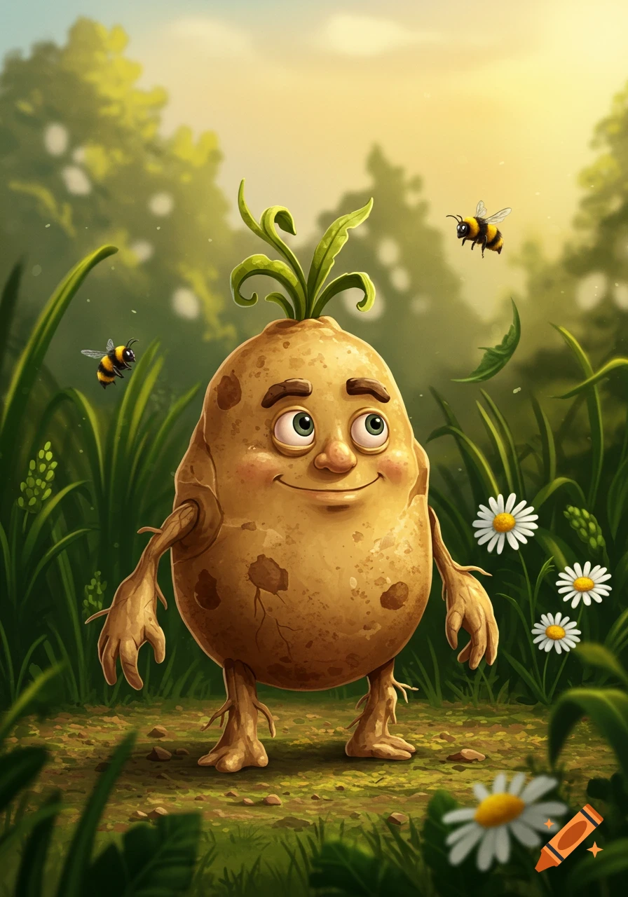 A happy, cartoon potato character with roots for arms and legs, and green sprouts, stands in a sunny field with daisies and bees.