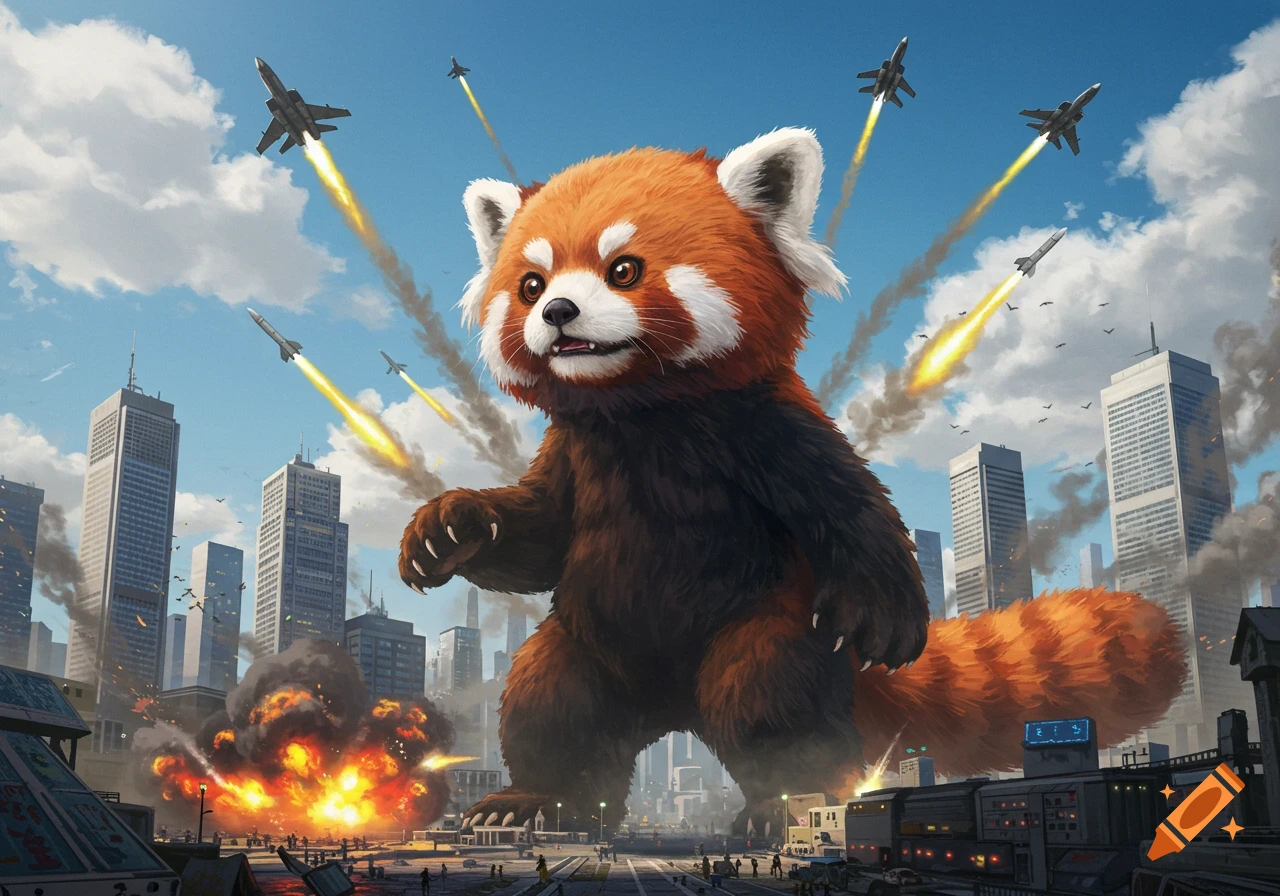A giant red panda kaiju stands in a burning city as fighter jets fire missiles at it under a blue sky, in a detailed digital art style.