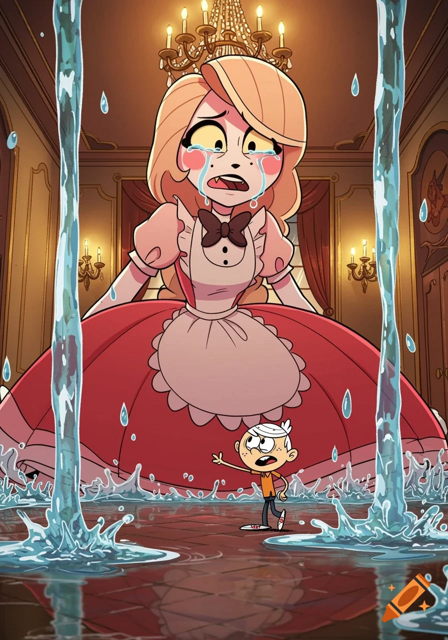 Cartoon giantess Charlie Morningstar in an Alice-inspired dress cries profusely, flooding an ornate room while a small Lincoln Loud dodges the tears.