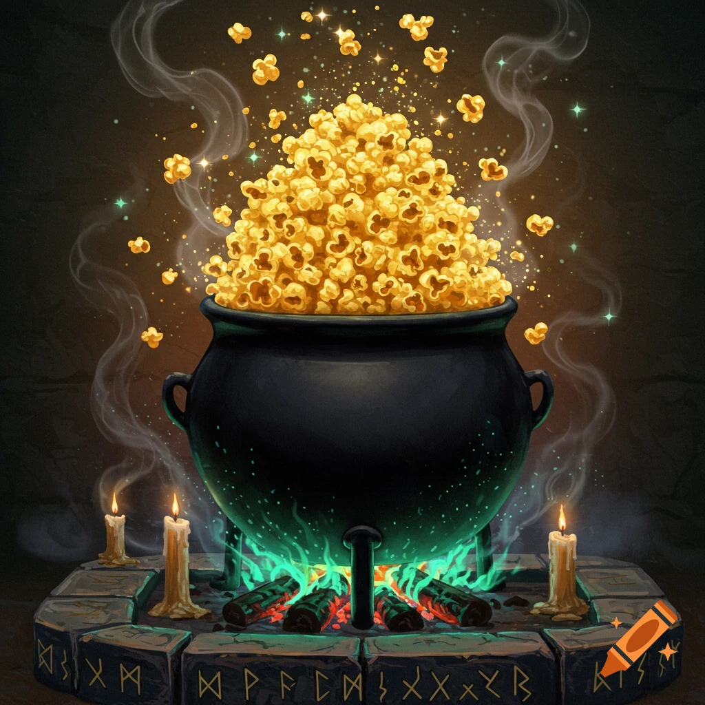 A magical black cauldron overflowing with golden popcorn, green flames, runes, and lit candles.