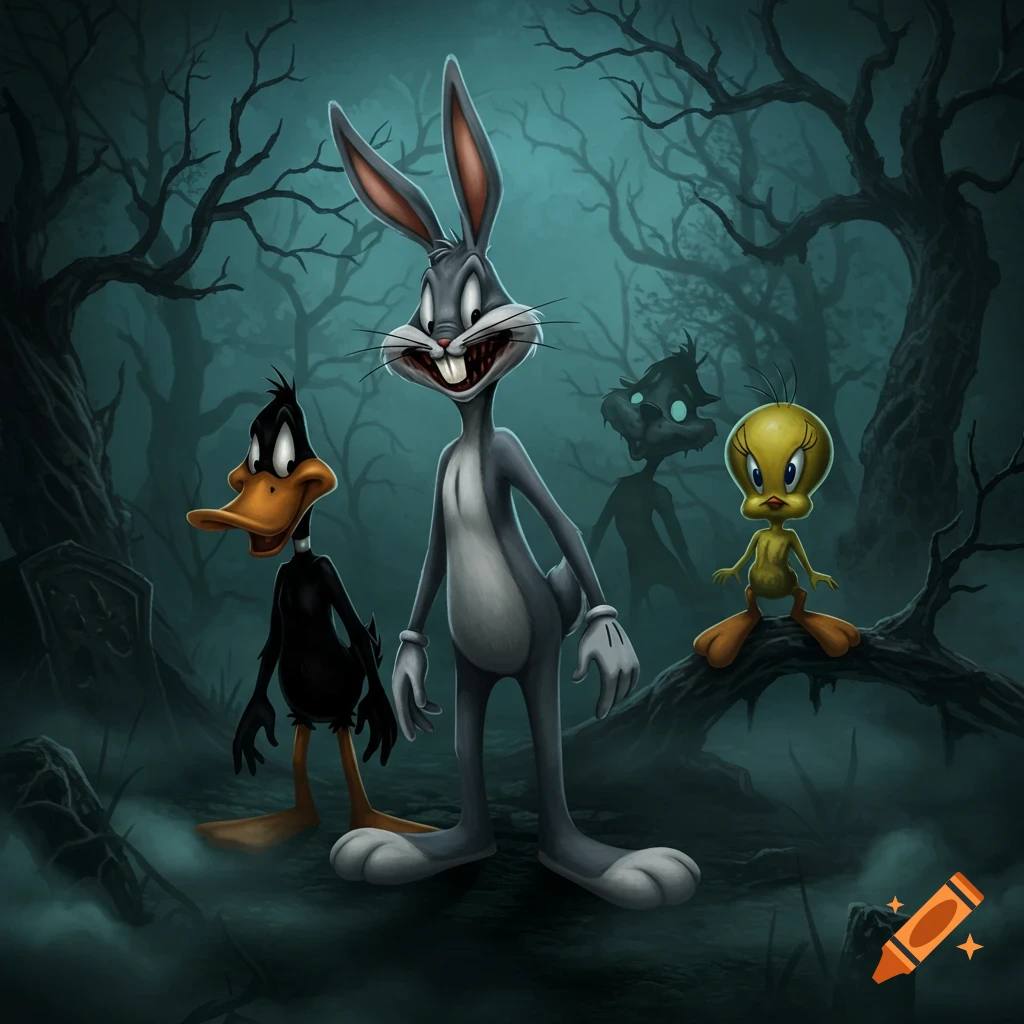 Sinister Looney Tunes characters Bugs Bunny, Daffy Duck, Tweety, and a shadowy figure in a dark, foggy forest.