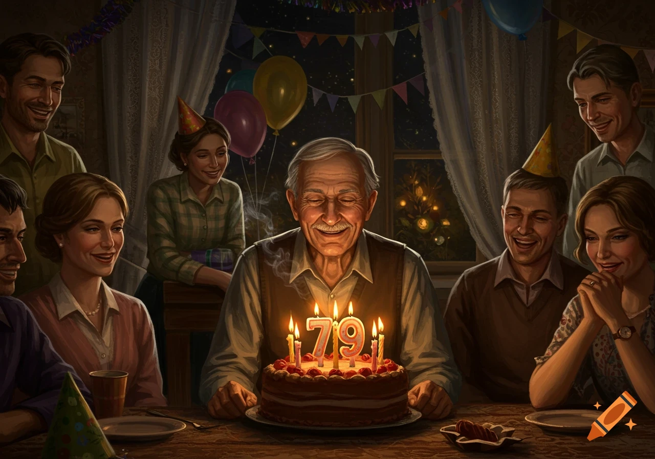 A happy grandpa blows out '79' candles on a birthday cake, surrounded by smiling family members in a warm, festive room.