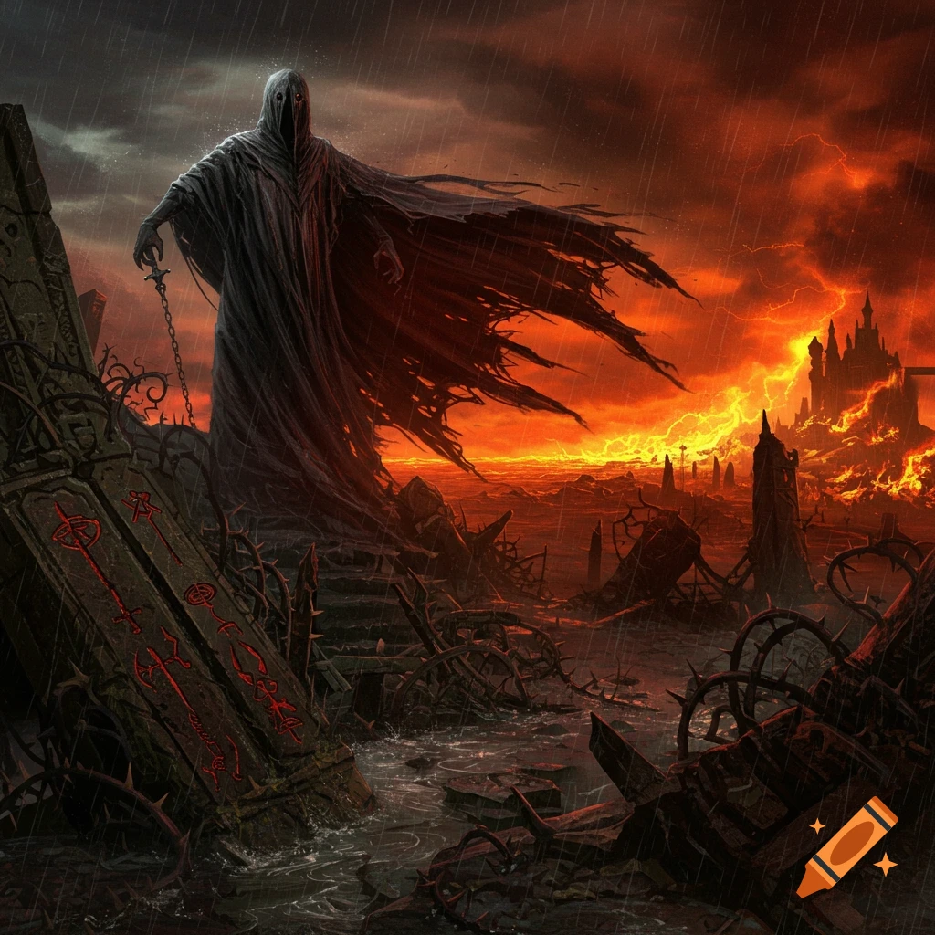 An ominous cloaked figure in a desolate, fiery landscape with a ruined castle and stormy sky, in a dark fantasy art style.