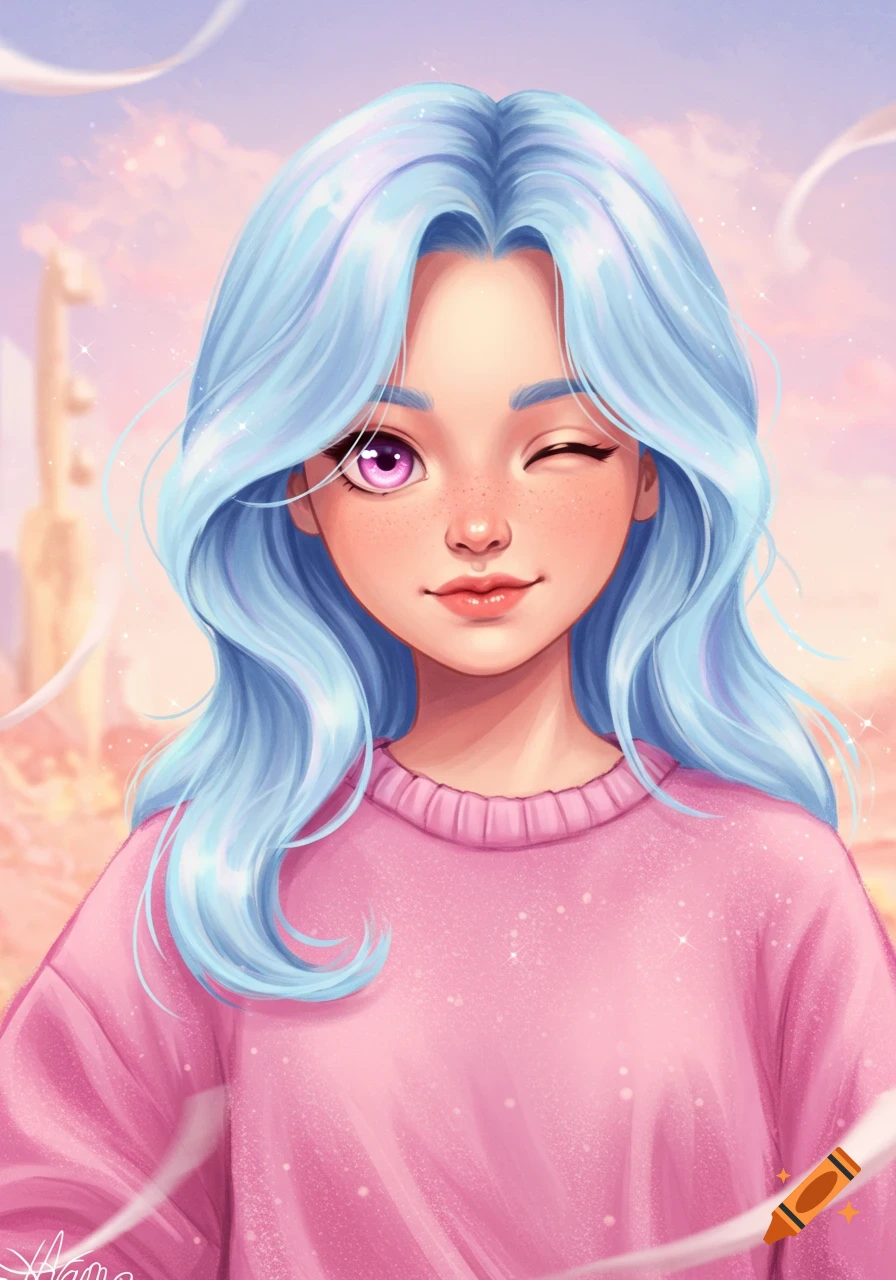 Stylized digital art portrait of a girl with light blue hair, a pink sweater, and a winking pink eye, against a pastel background.