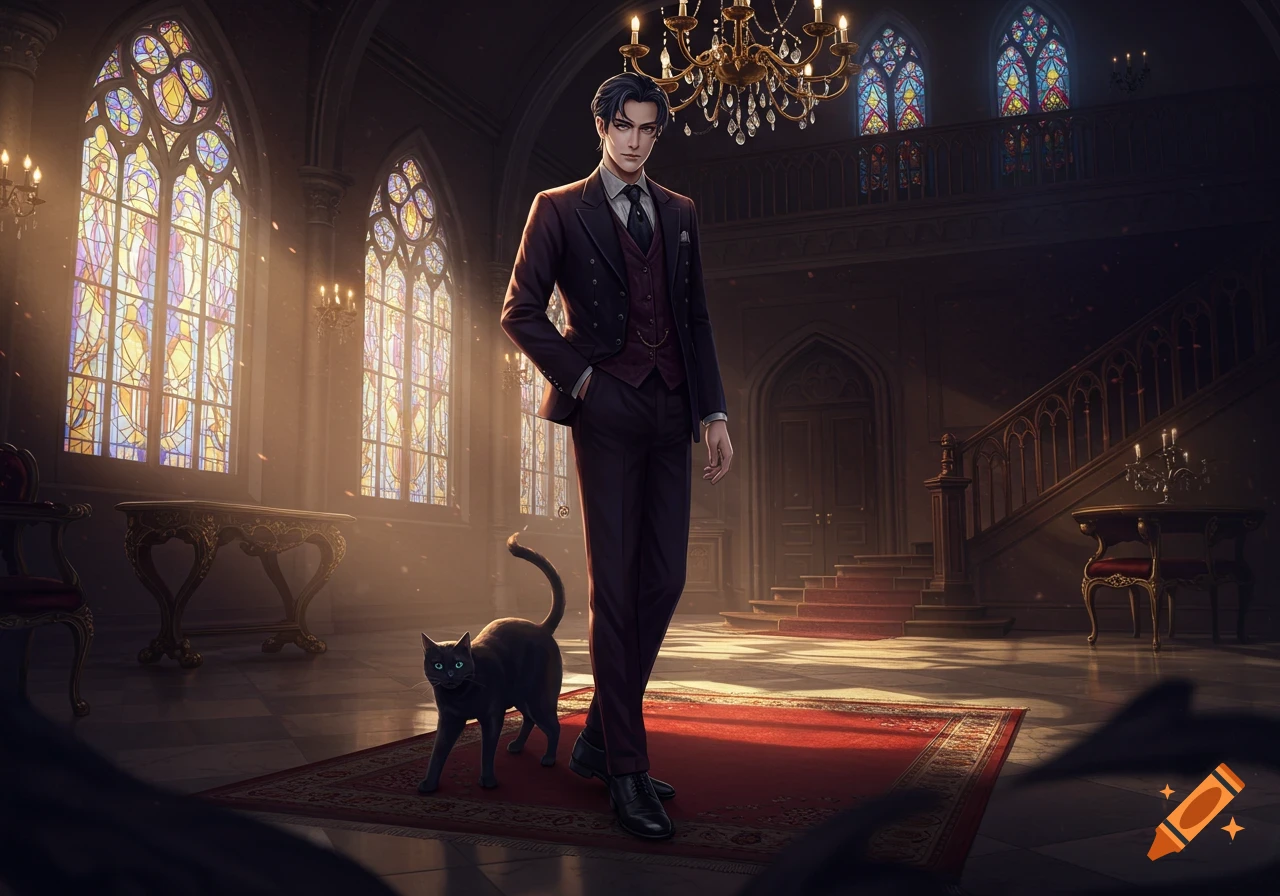 An anime-style man in a dark suit stands next to a black cat on a red carpet in a grand gothic hall with stained glass windows.