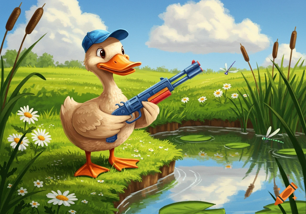 A cartoon duck in a blue hat holds a toy gun by a pond in a grassy field with daisies and cattails.